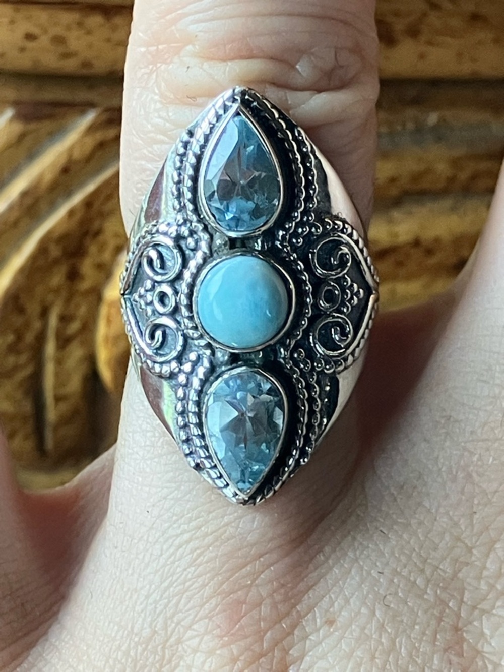 Natural Sky Blue Topaz Larimar Sterling Silver Ring Size 5.75